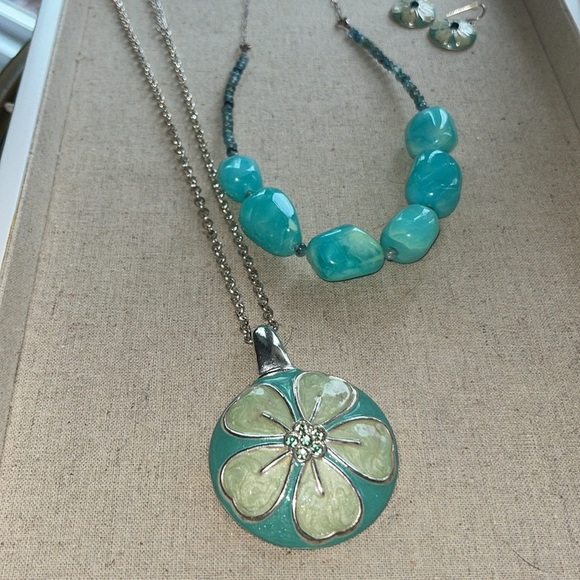 Vintage KC stamped necklace and earrings set, silver and green, + Stone necklace - Picture 16 of 16